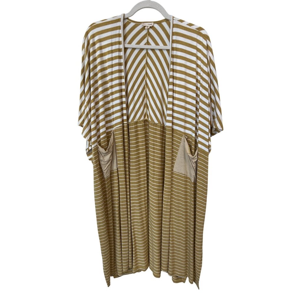 Hem and Thread Striped Duster Cardigan One Size Open Front Mustard White Layers